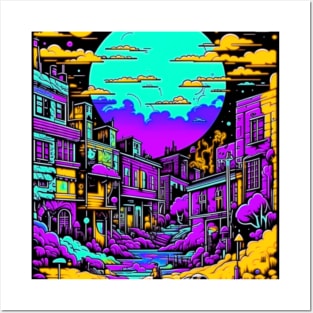 Psychedelic Abandoned Cityscape at night Posters and Art